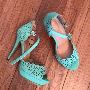 Teal open toe heels